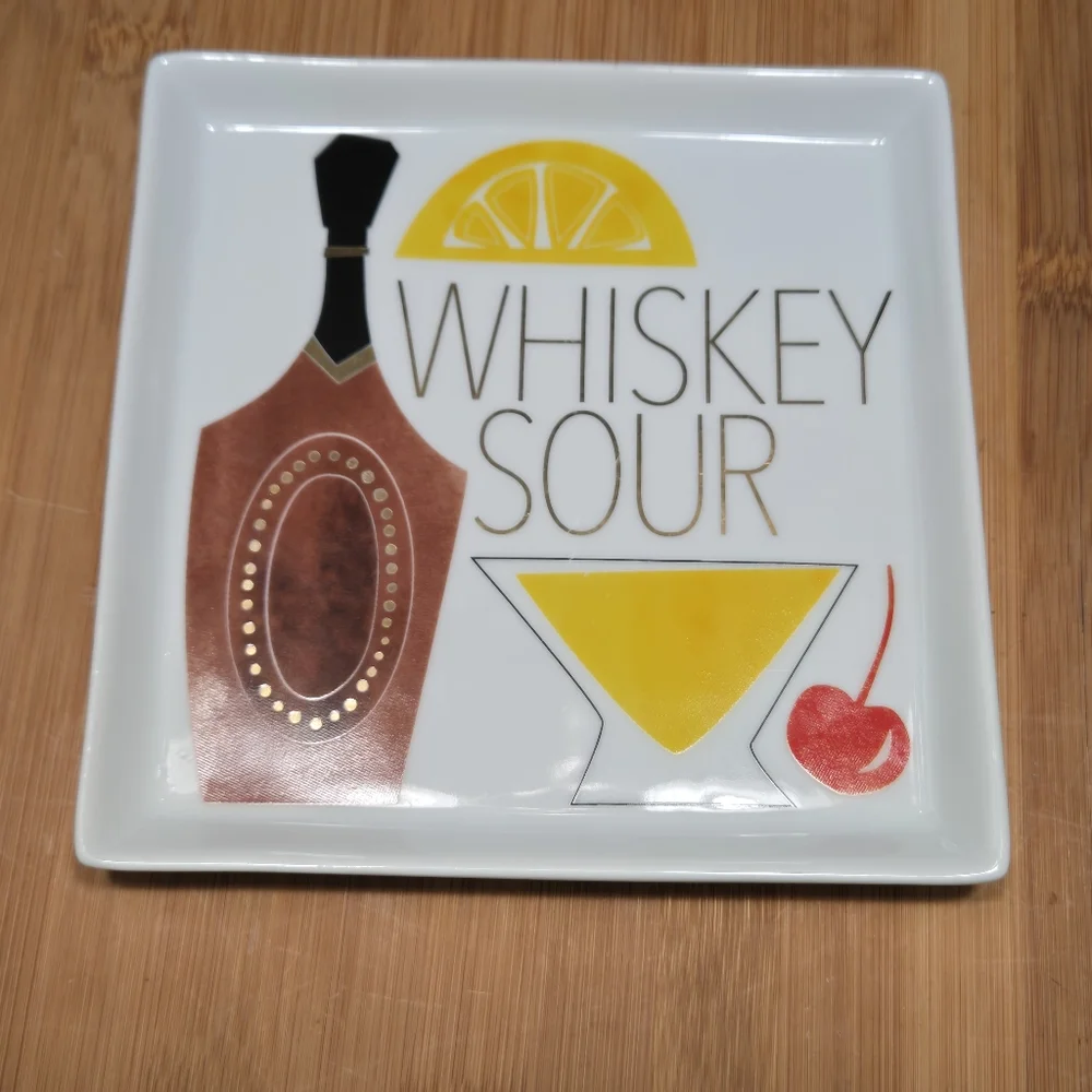Crate & Barrel WHISKEY SOUR Appetizer Plate Trinket Dish, recipe on back